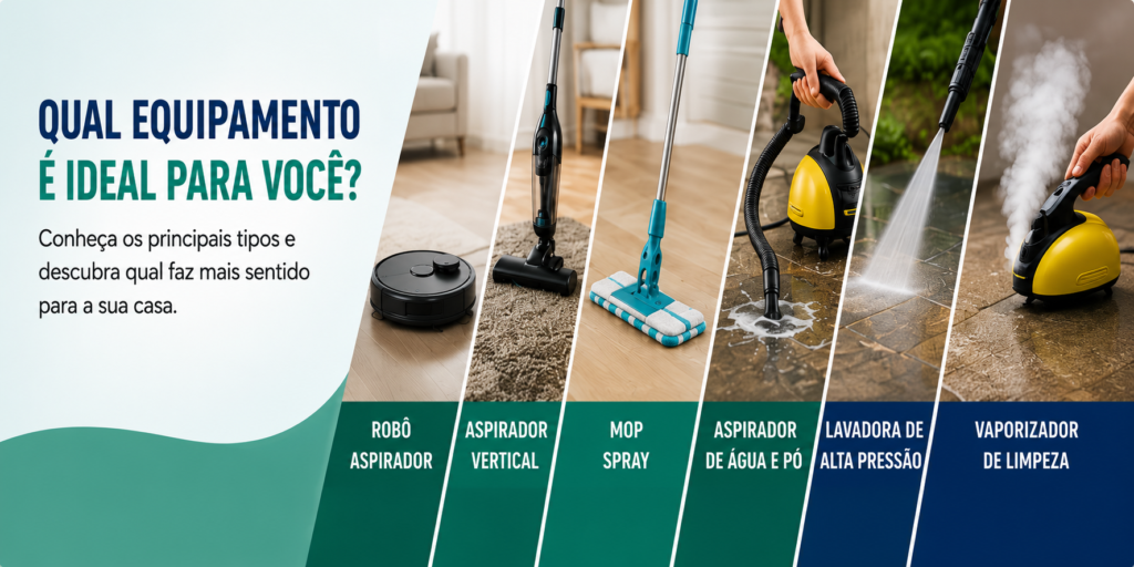 Como escolher os melhores equipamentos para limpeza da casa: guia completo para uma limpeza mais prática e eficiente 2 Equipamentos modernos utilizados na limpeza residencial organizados em uma casa limpa.