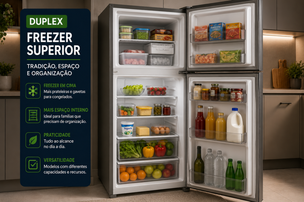 Geladeira Duplex com freezer superior e organização interna