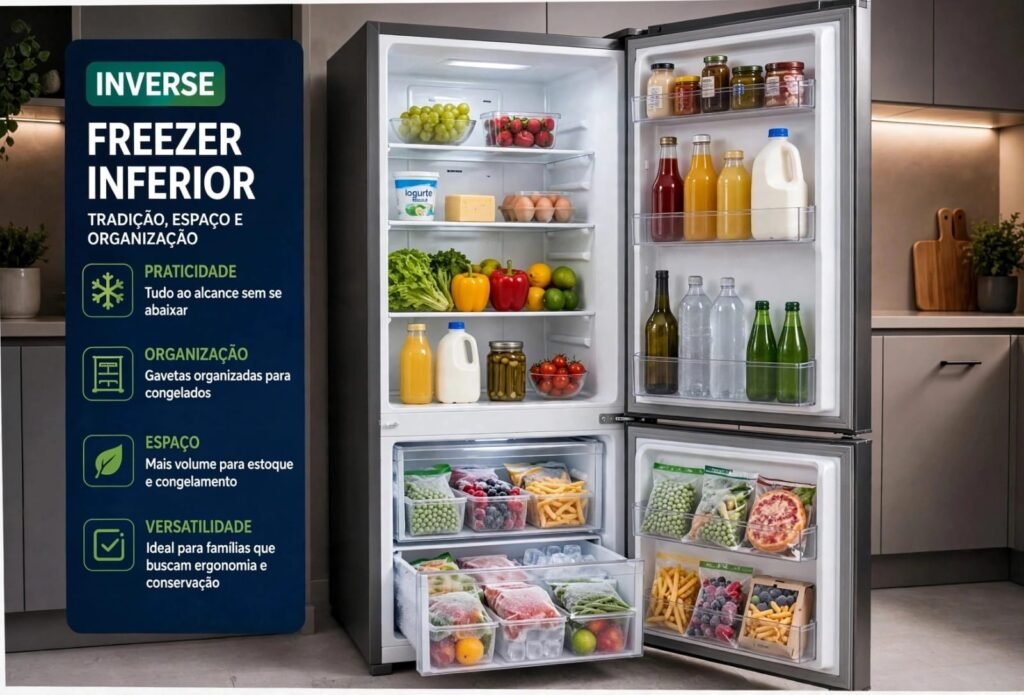 Geladeira Inverse com freezer inferior e refrigerador superior