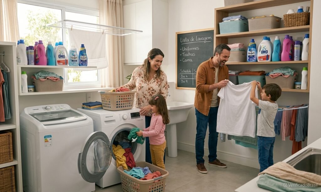 As 7 Melhores Máquinas de Lavar para Comprar em 2026 10 Família utilizando máquina de lavar roupas na rotina doméstica