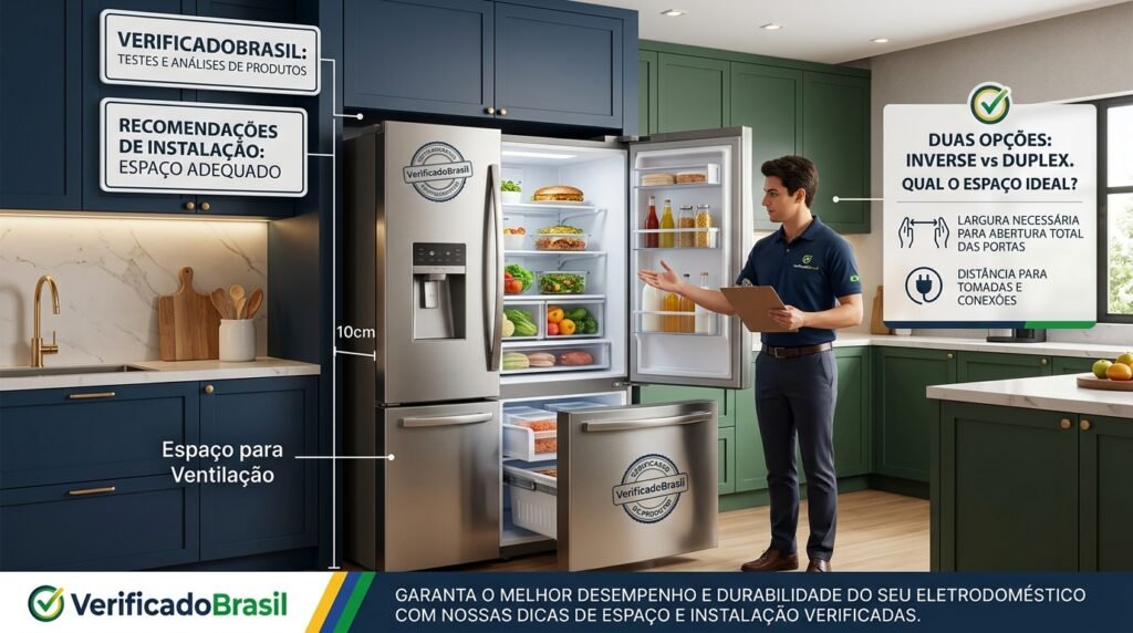 Geladeira instalada em cozinha com espaço para abertura das portas