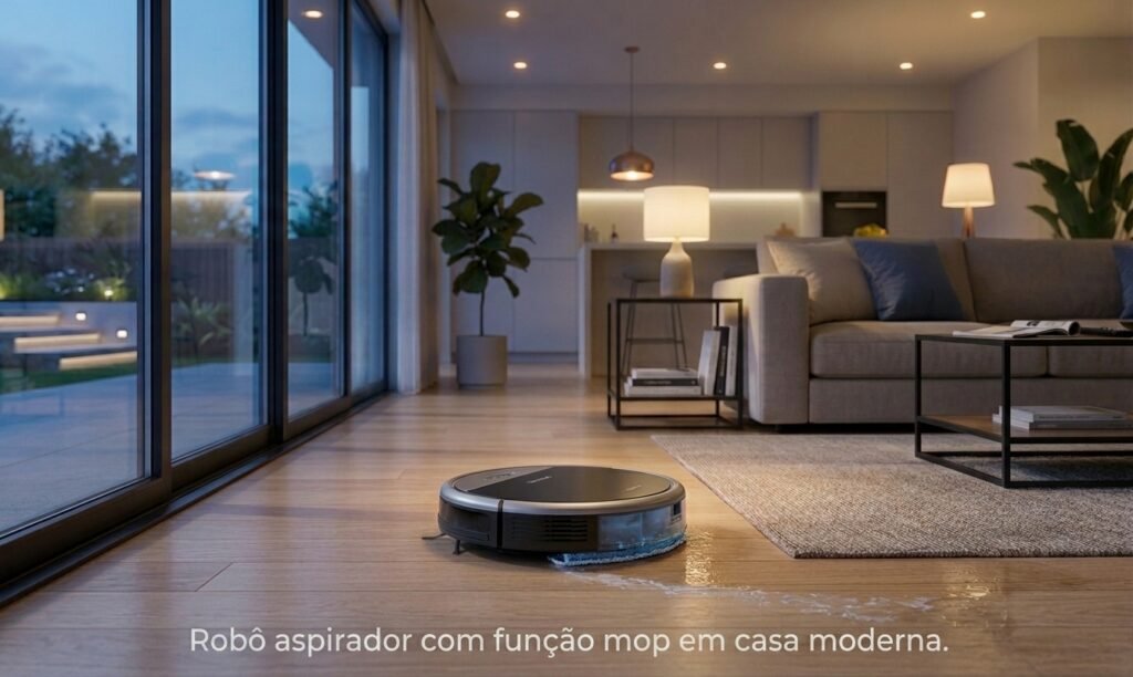 Robô aspirador passando pano no piso da casa